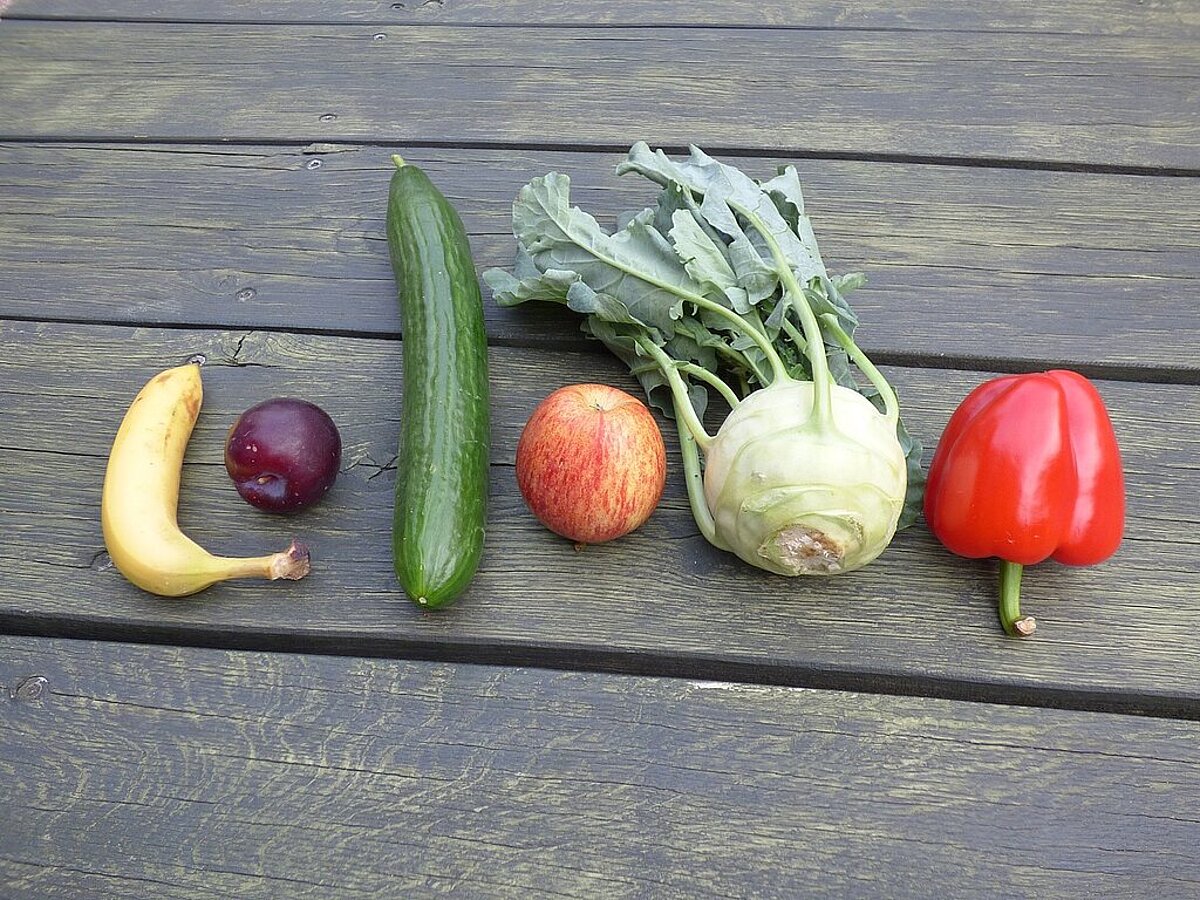 Obst und Gemüse verschiedene Obst- und Gemüsesorten liegen in einer Reihe auf einen grünen Holztisch (1 Banane, 1 Pflaume, 1 Gurke, 1 Apfel, 1 Kohlrabi, 1 rote Paprika)