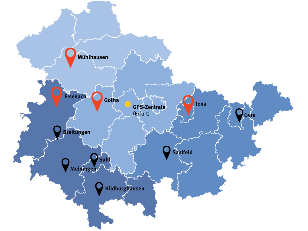 Abbildung: Karte der Planungsregionen in Thüringen. Eingezeichnet sind die Haupt- und Nebenstandorte der German Professional School. Copyright: Landesamt für Statistik | TMWWDG
